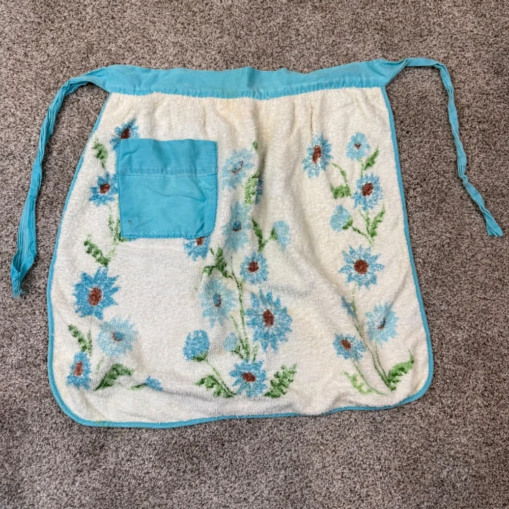 Vintage Terry Cloth Towel Half Apron Blue Floral Pocket Handmade Retro Kitchen